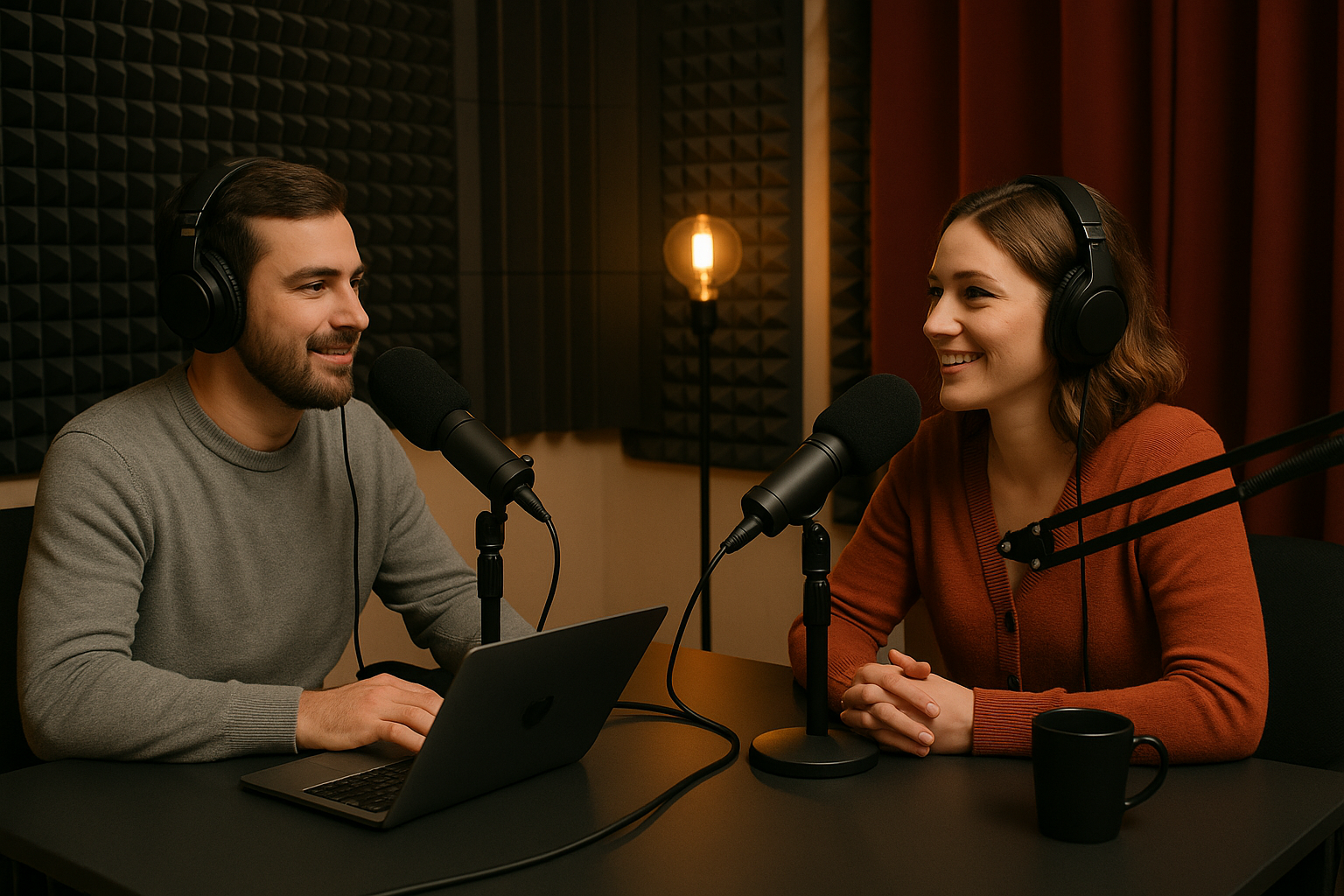Podcastopname in professionele studio met twee hosts, microfoons en akoestische panelen aan de muur.