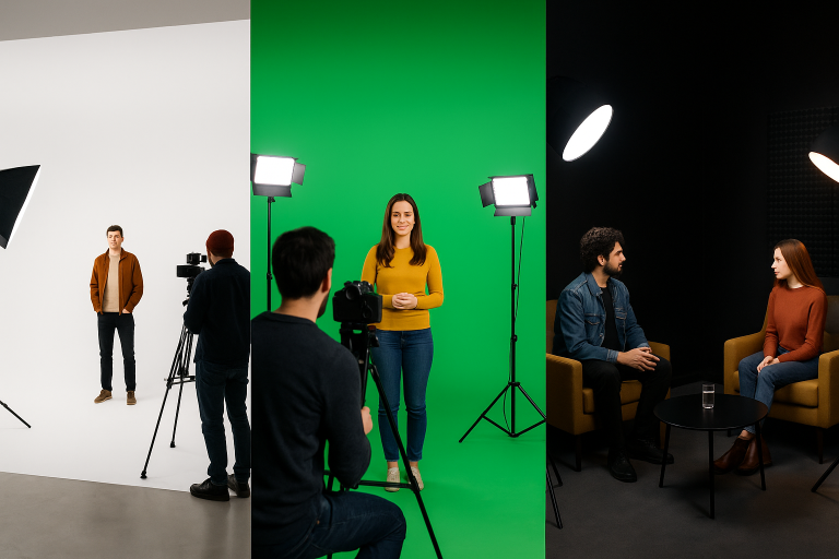 Overzicht van drie Studio2Go-studio’s in Haarlem: witte, zwarte en greenscreen studio naast elkaar weergegeven.