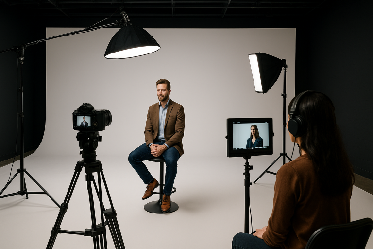 Creatieve videomaker filmt productvideo in moderne witte filmstudio met softboxen en camera.