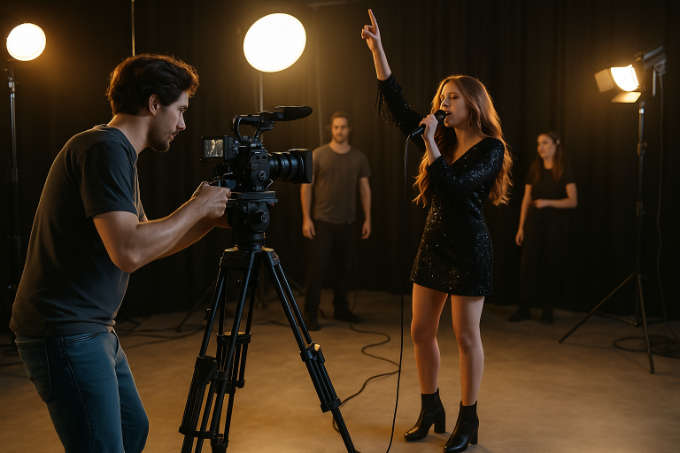 Behind the scenes opname van een videoclip in een professionele studio met cameraman, artiest en belichting.