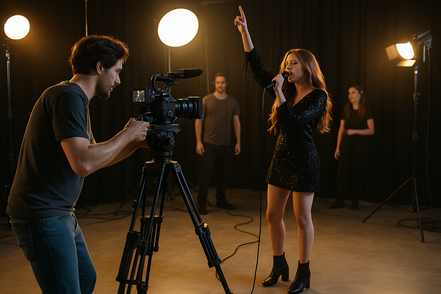Behind the scenes opname van een videoclip in een professionele studio met cameraman, artiest en belichting.