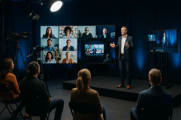 Hybride event in multifunctionele studio met spreker op podium, publiek en camera’s voor livestream.