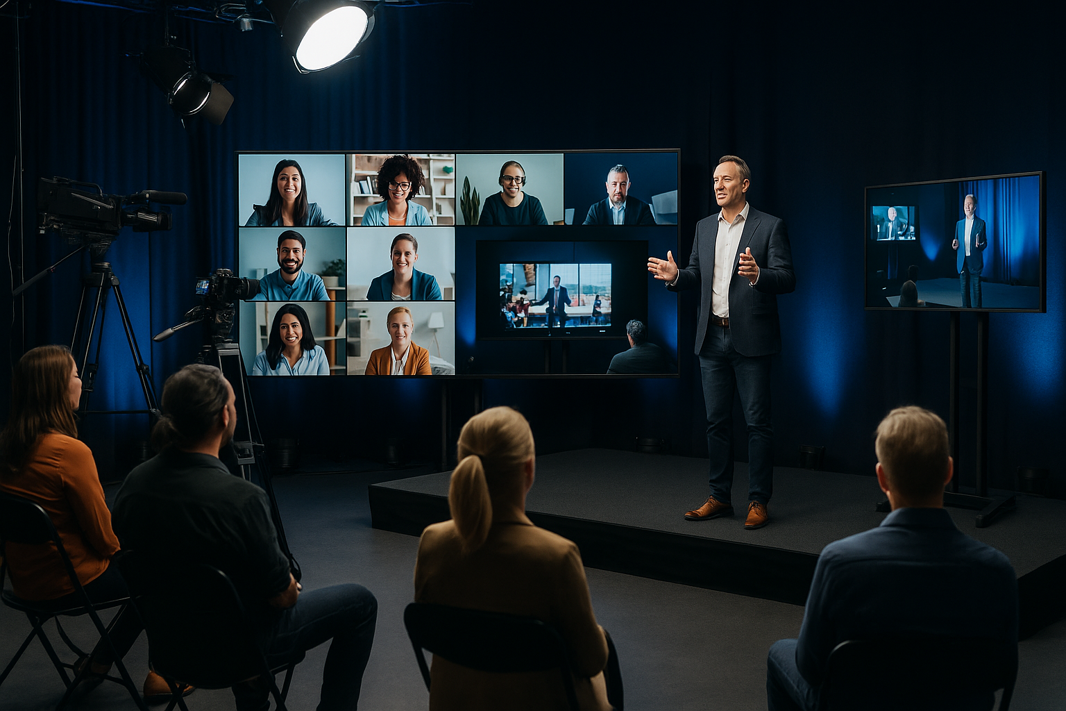 Hybride event in multifunctionele studio met spreker op podium, publiek en camera’s voor livestream.