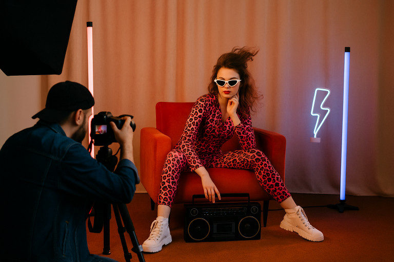 Retro fotoshoot in studio met model in opvallende styling en neonlichten, vastgelegd tijdens creatieve sessie.