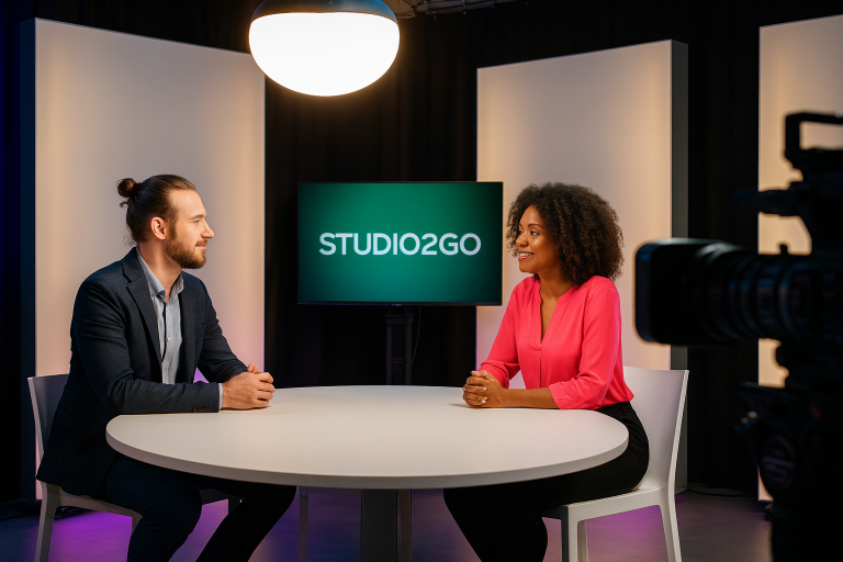 Professionele talkshowstudio met tafel, camera’s en verlichting bij Studio2Go in Haarlem.