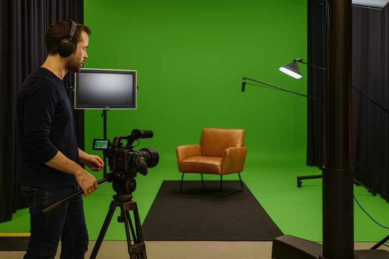 Videostudio met groene achtergrond, professionele belichting en een lederen stoel, klaar voor opname.