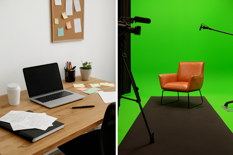 Splitscreen van twee werkomgevingen: links een rommelige thuiswerkplek, rechts een nette en professioneel ingerichte studio.