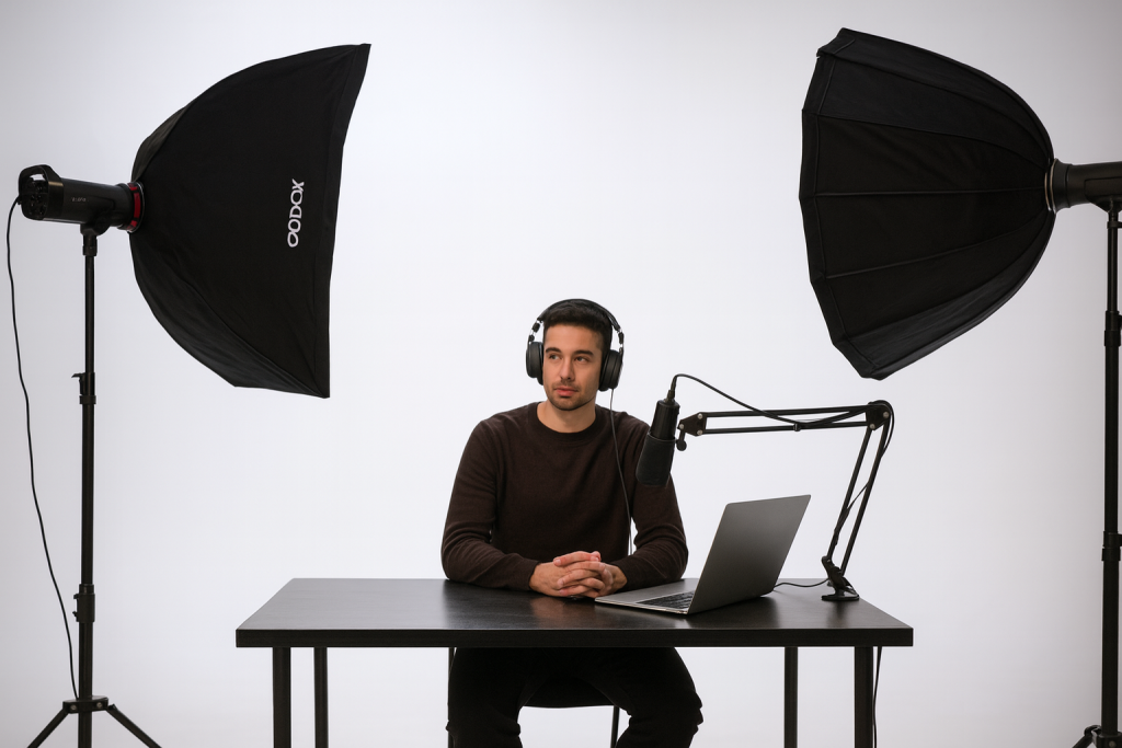 Content creator aan het opnemen in een vaste witte studio met professionele verlichting en microfoonopstelling.