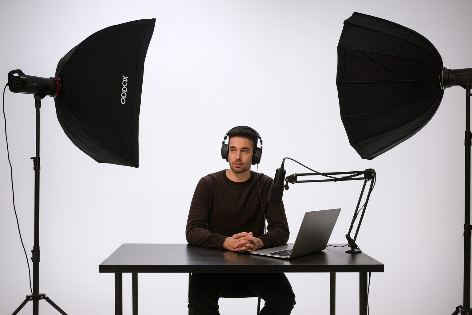 Content creator aan het opnemen in een vaste witte studio met professionele verlichting en microfoonopstelling.