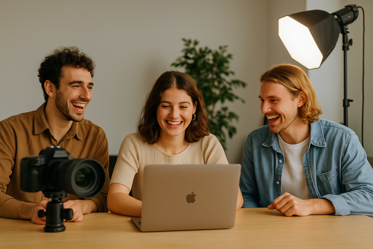 Drie jonge creatieve makers lachen samen tijdens een contentopname in een moderne studio met laptop, camera en studiobelichting.