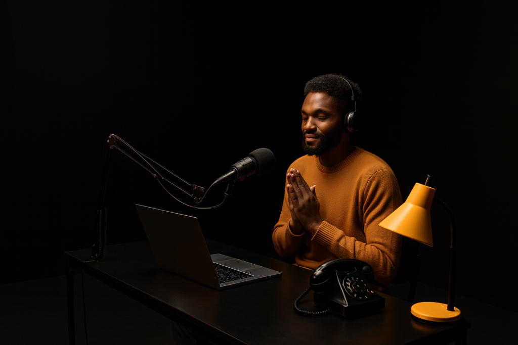 Content creator werkt in een zwarte opnamestudio met vaste set-up, onderdeel van een studio abonnement bij Studio2Go.