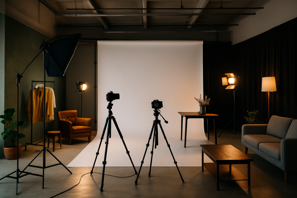 Overzicht van een professionele filmstudio met props, lampen en opnameruimte, ideaal voor content creators.