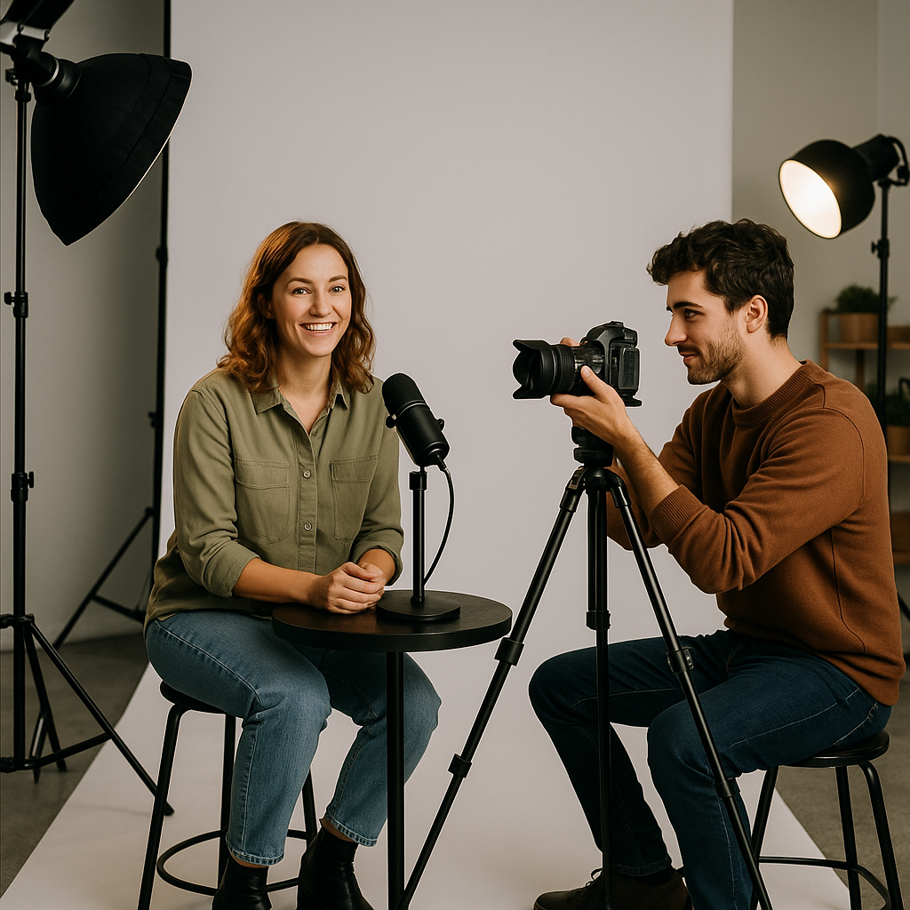 Twee content creators die samen een studio gebruiken voor video-opnames, met minimalistische set-up en camera op statief.