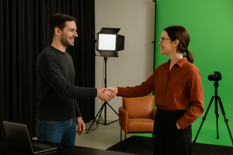 Zzp’er ontvangt klant in een professionele fotostudio met apparatuur, belichting en een warme sfeer.
