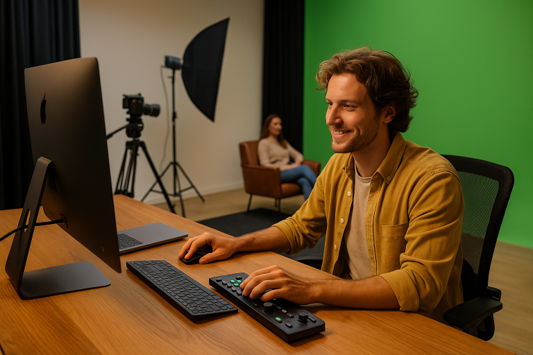 Jonge creatieve zzp’er aan het werk in een professionele studio, omringd door apparatuur en een ontspannen sfeer.