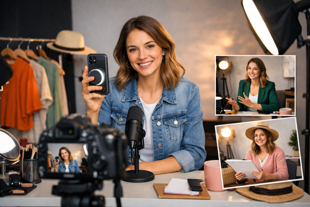 Content creator neemt meerdere video’s op in een studio, met outfitwissels en professionele opnameapparatuur zichtbaar.