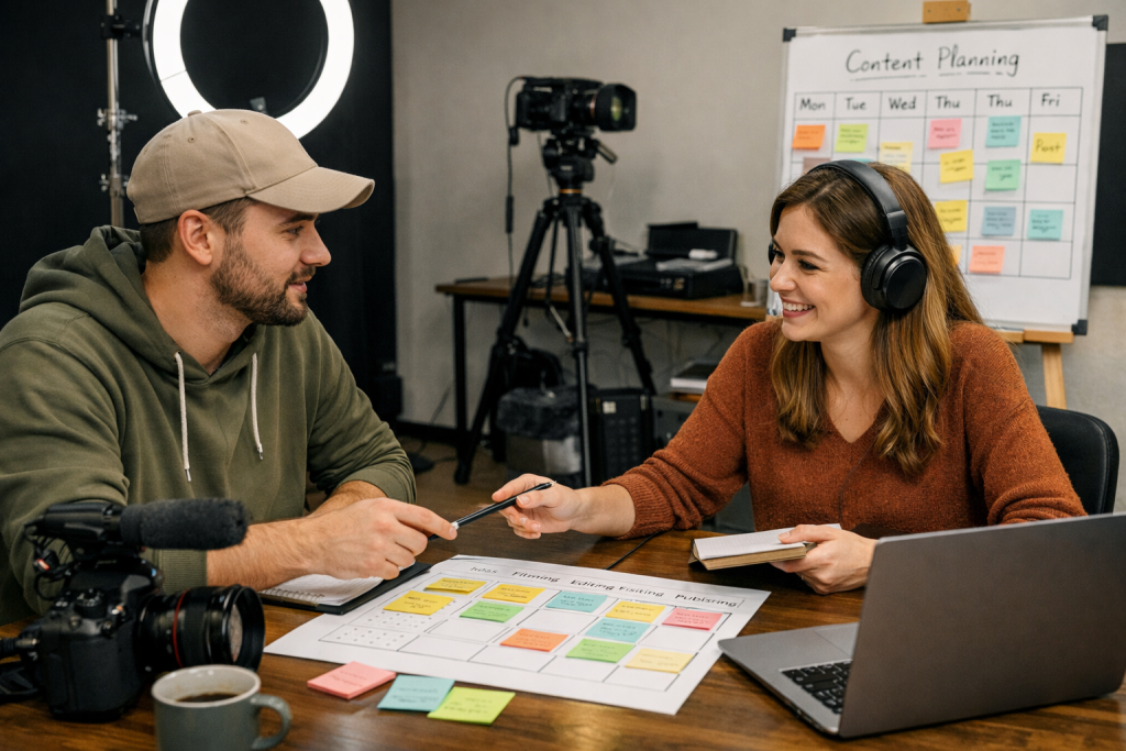 Content creators overleggen in een opnamestudio met zichtbare contentplanning, laptops en opnameapparatuur.
