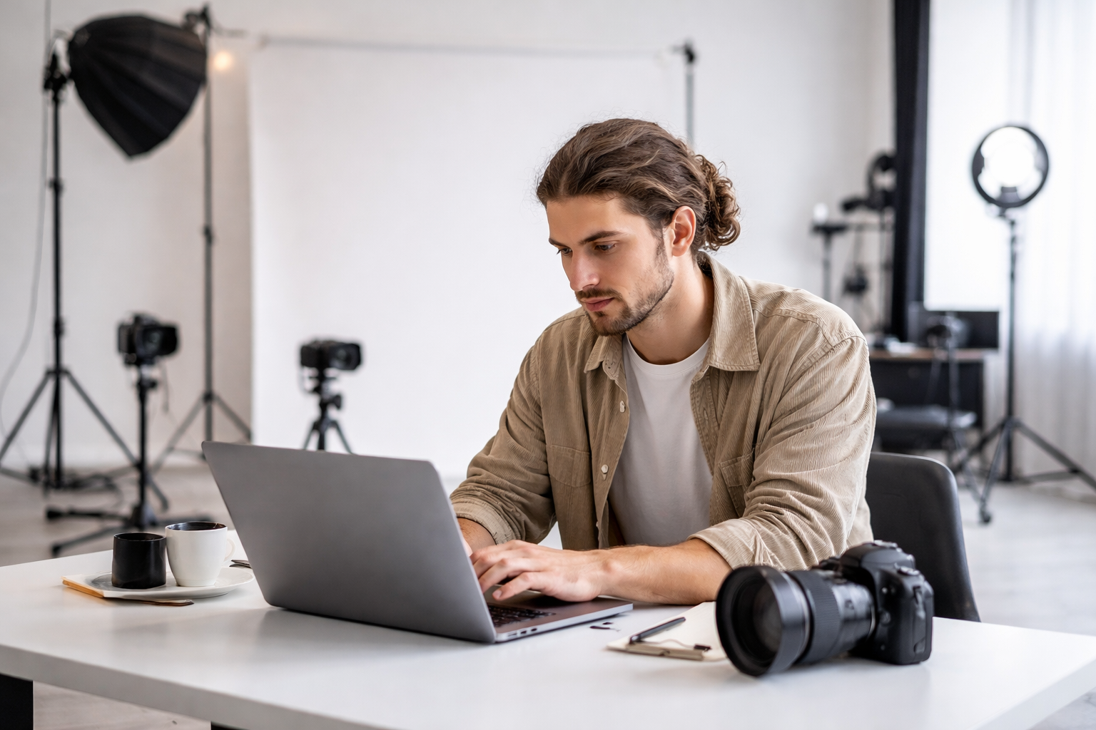 Freelance videomaker aan het werk in een witte studio met camera en laptop, geconcentreerd bezig met contentproductie.