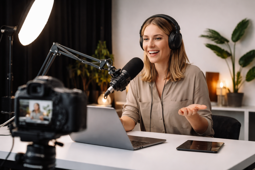 Content creator neemt video podcast op in moderne vaste studio in Haarlem, met microfoon en camera klaar voor gebruik.