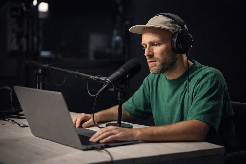 Podcaster neemt een aflevering op in een professioneel ingerichte studio met microfoon en laptop.