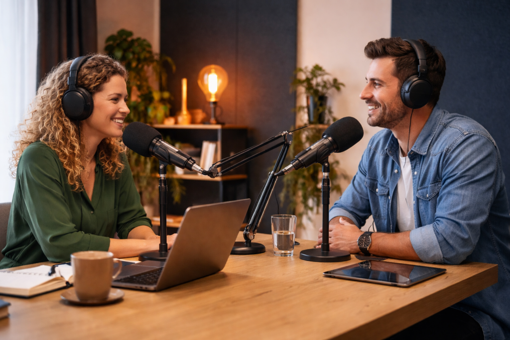 Twee podcasters zitten aan tafel in een moderne studio-opstelling, in gesprek met microfoons en koptelefoons.