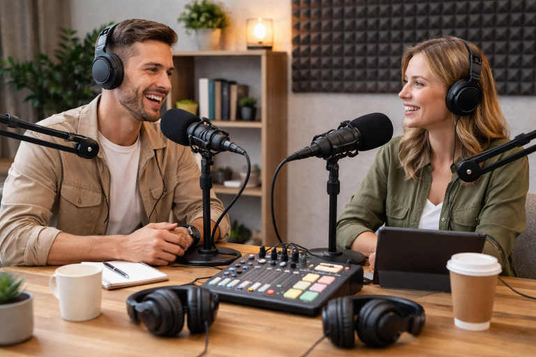 Twee podcasters in een moderne studio-opstelling met microfoons en sfeervolle belichting, klaar voor opname.