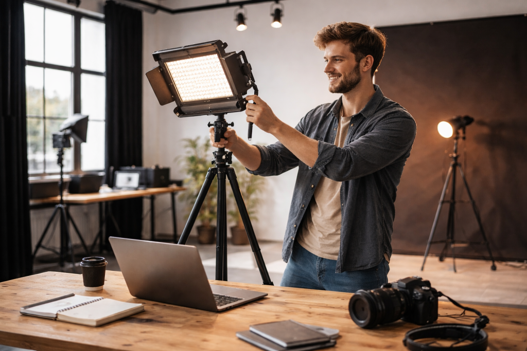Creatieve ondernemer aan het werk in flexibele studio met professionele verlichting