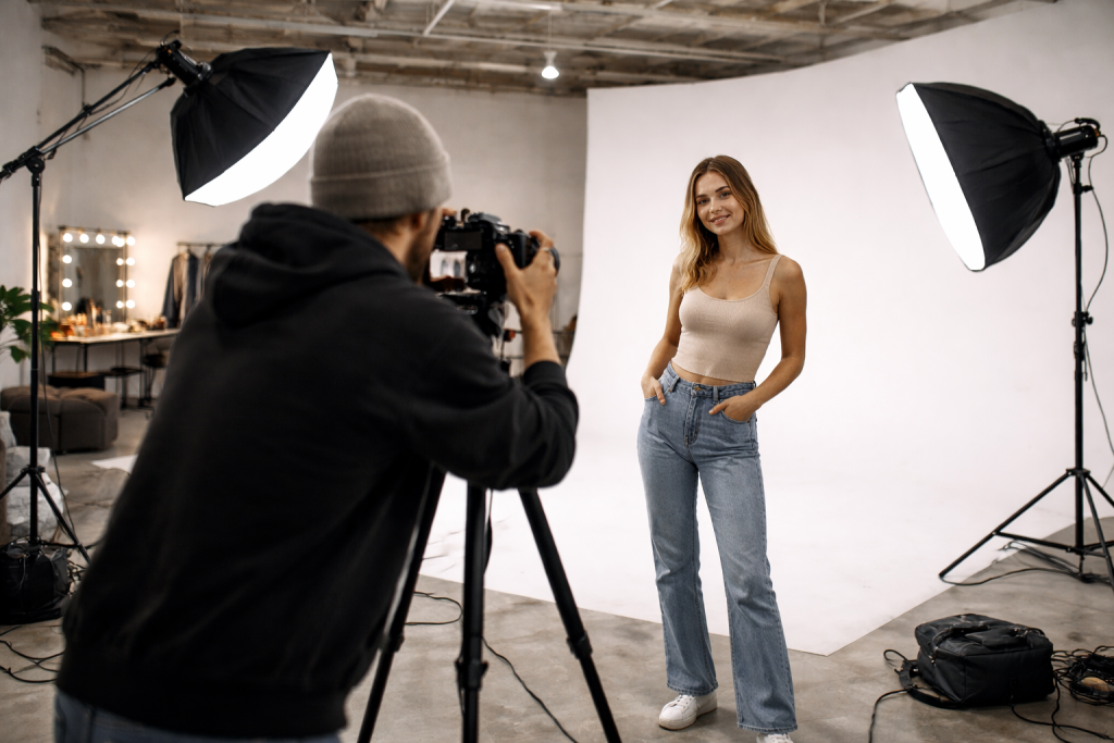 Fotograaf aan het werk in professionele fotostudio in Haarlem met witte limbowand