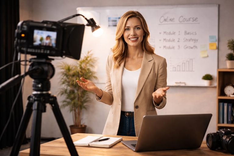 Coach neemt online cursus op in professionele studio met camera en verlichting